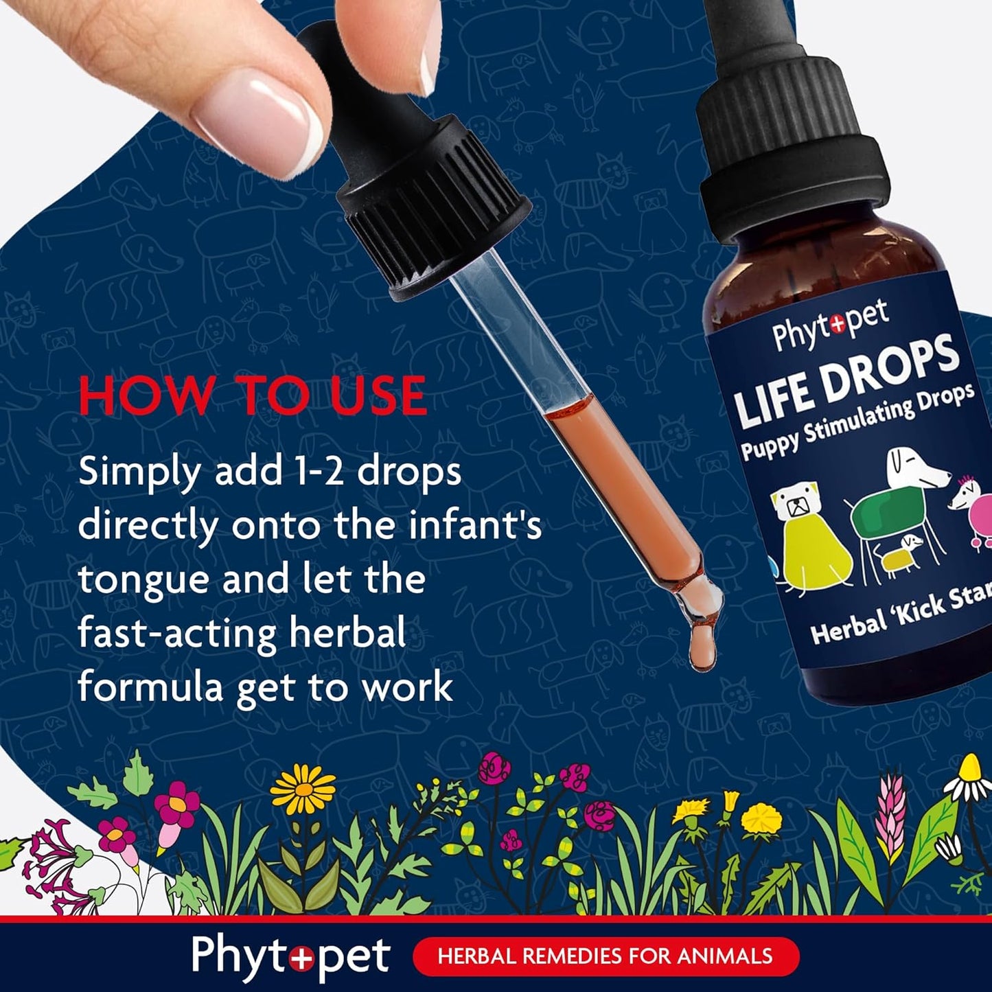 Phytipet Life Drops bottle with dropper and usage instructions on a colorful background