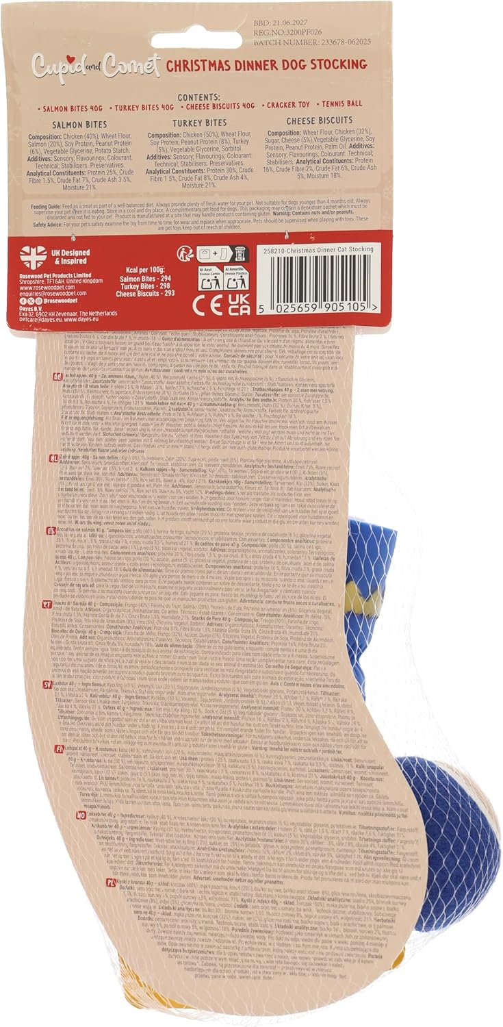 Cupid & Comet Dog Christmas Dinner Stocking – Festive Gift with 3 Treats & 2 Toys