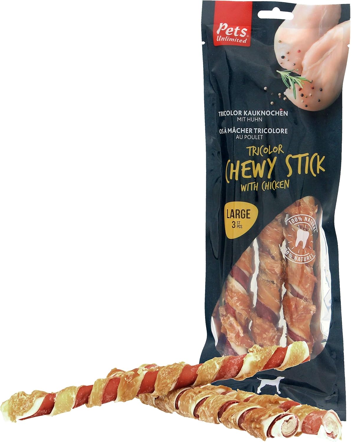 Pets Unlimited Tricolor Chewy Stick With Chicken Dog Chew Treat (Medium, 3 Pcs)