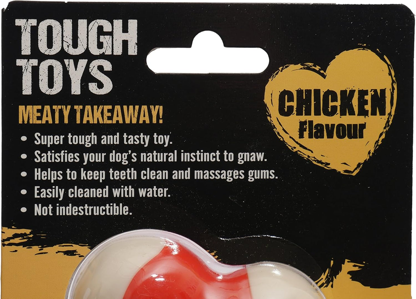 Tough Toys meaty takeaway dog toy packaging with chicken flavor label on a black background.