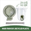 Product packaging with dimensions and recycled plastic information on a white background