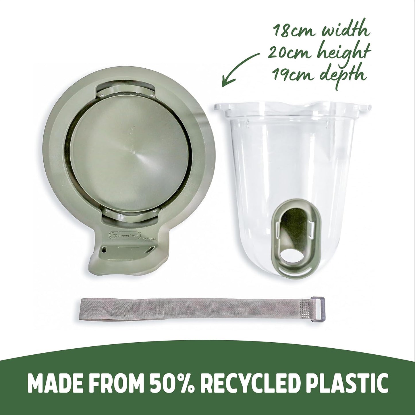 Product packaging with dimensions and recycled plastic information on a white background