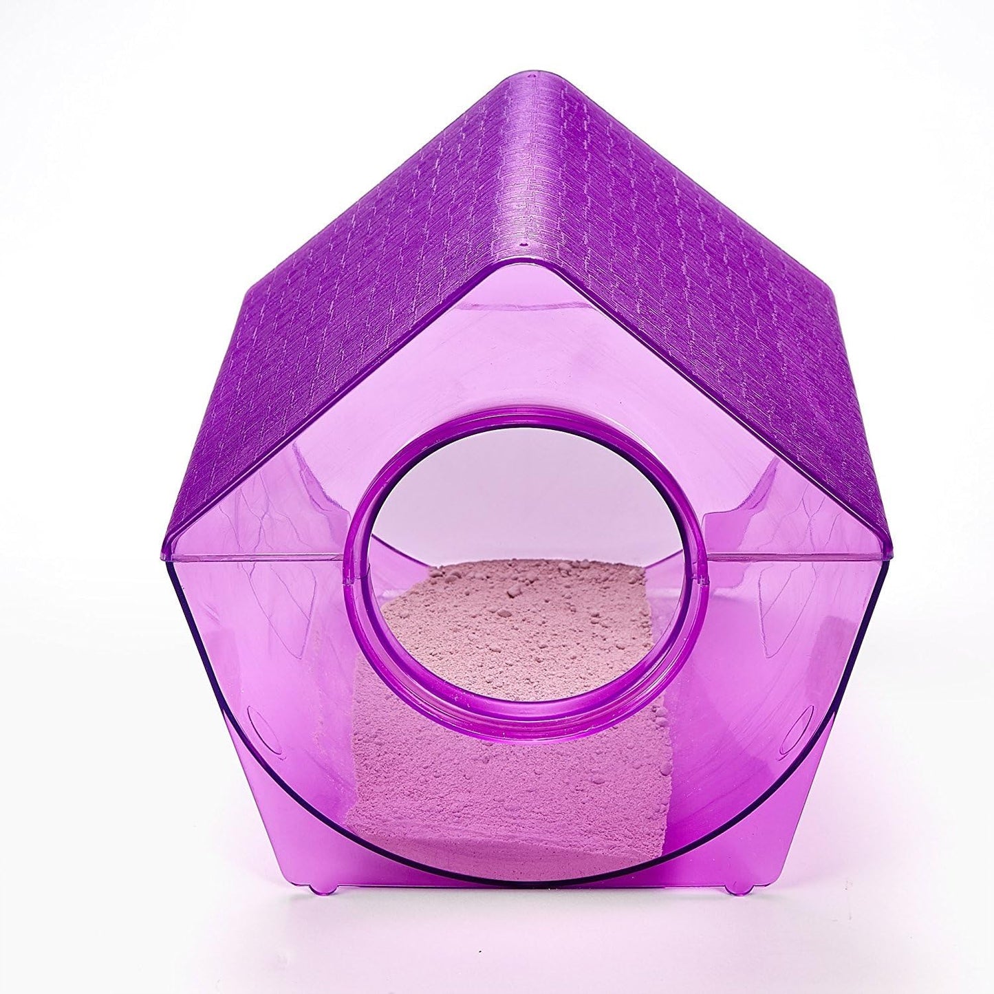 Hexagonal purple chinchilla bath with a clear center on a white background