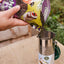 A hand pours birdseed from a colorful bag into a stainless steel percolator outdoors on a table, with a blurred garden background.