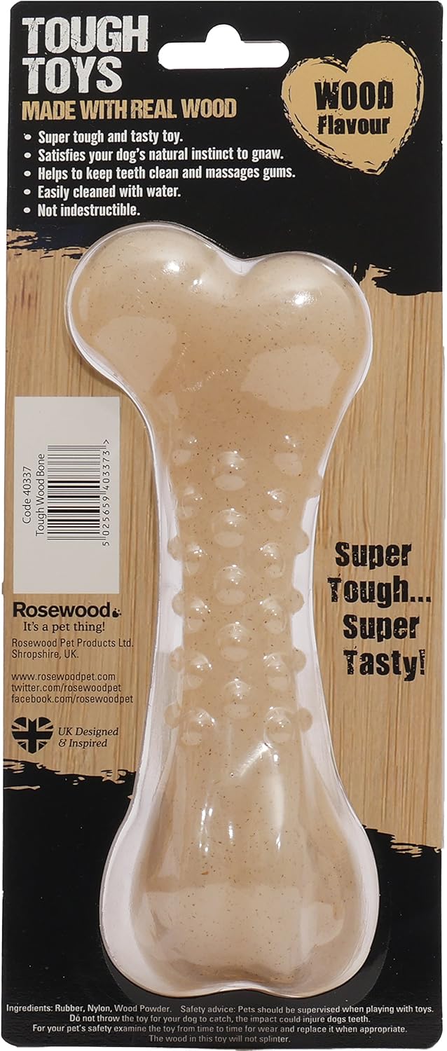 Rosewood Large Tough Wood Bone - Durable Real Wood Scented Chew Toy for Large Dogs