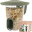 Bird seed feeder with clear container and green lid, next to its packaging box.