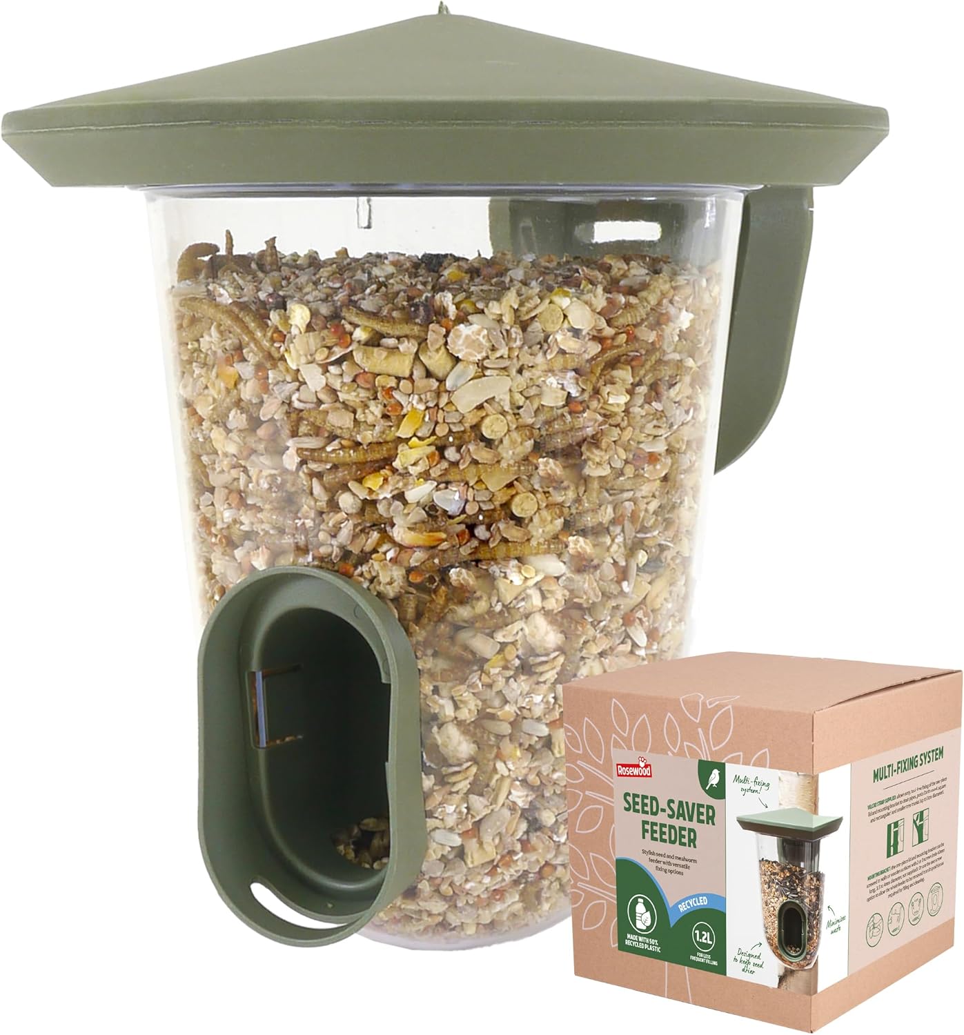 Bird seed feeder with clear container and green lid, next to its packaging box.