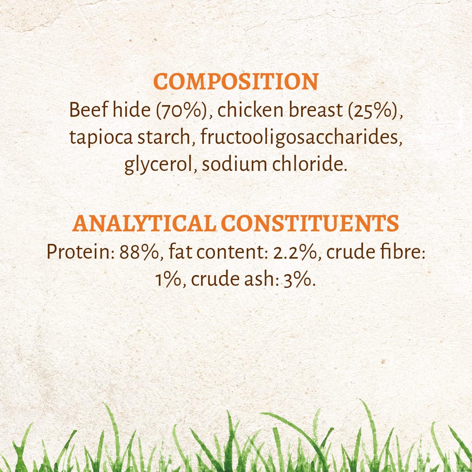 Product label with ingredient list and nutritional information on a textured background with grass at the bottom.