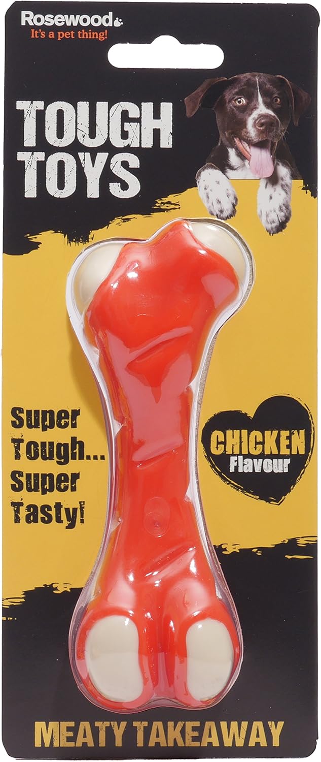Red bone-shaped dog toy with 'Tough Toys' branding on a yellow and black background.