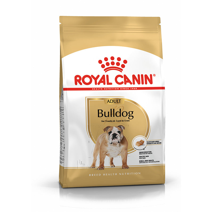 Royal Canin Bulldog dog food package on a white background