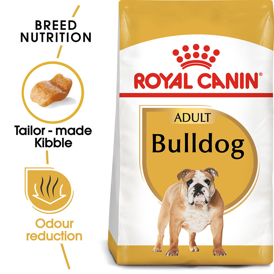 Royal Canin Bulldog dog food package with text highlighting features on a white background