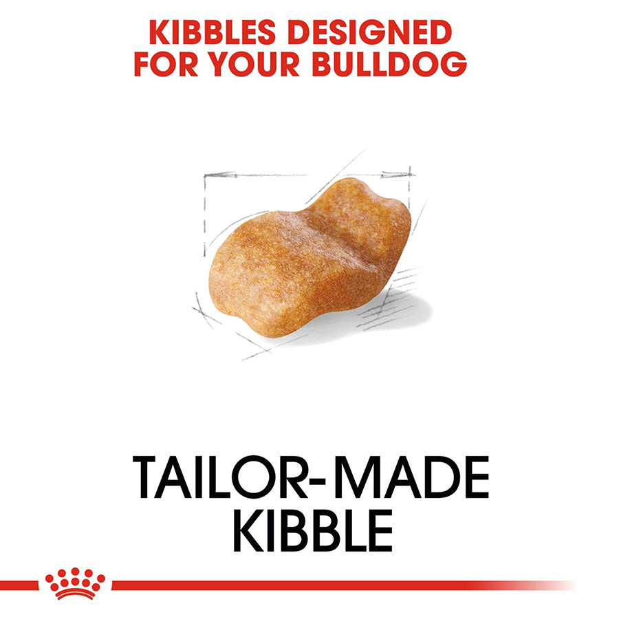 Dog kibble with text 'Kibbles Designed for Your Bulldog' and 'Tailor-Made Kibble' on a white background.