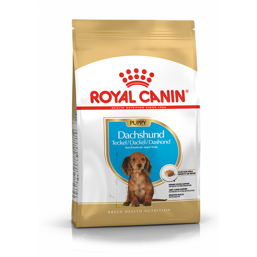 Royal Canin Dachshund Puppy food packaging on a white background