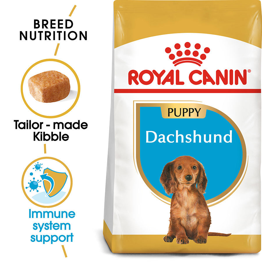 Royal Canin Dachshund Puppy food packaging with text and images of a dachshund on a white background