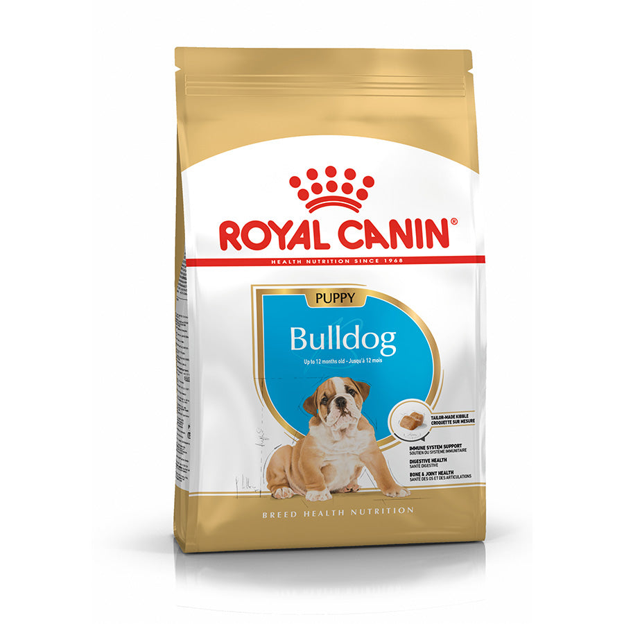 Royal Canin Bulldog Puppy food packaging on a white background