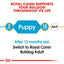 Royal Canin dog food packaging with text about puppy and adult stages and switching to Bulldog Adult after 12 months.