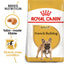 Royal Canin French Bulldog dog food package with branding and product features.