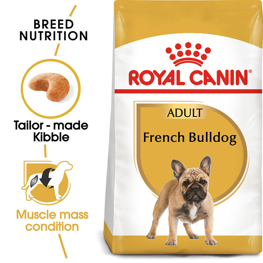 Royal Canin French Bulldog dog food package with branding and product features.