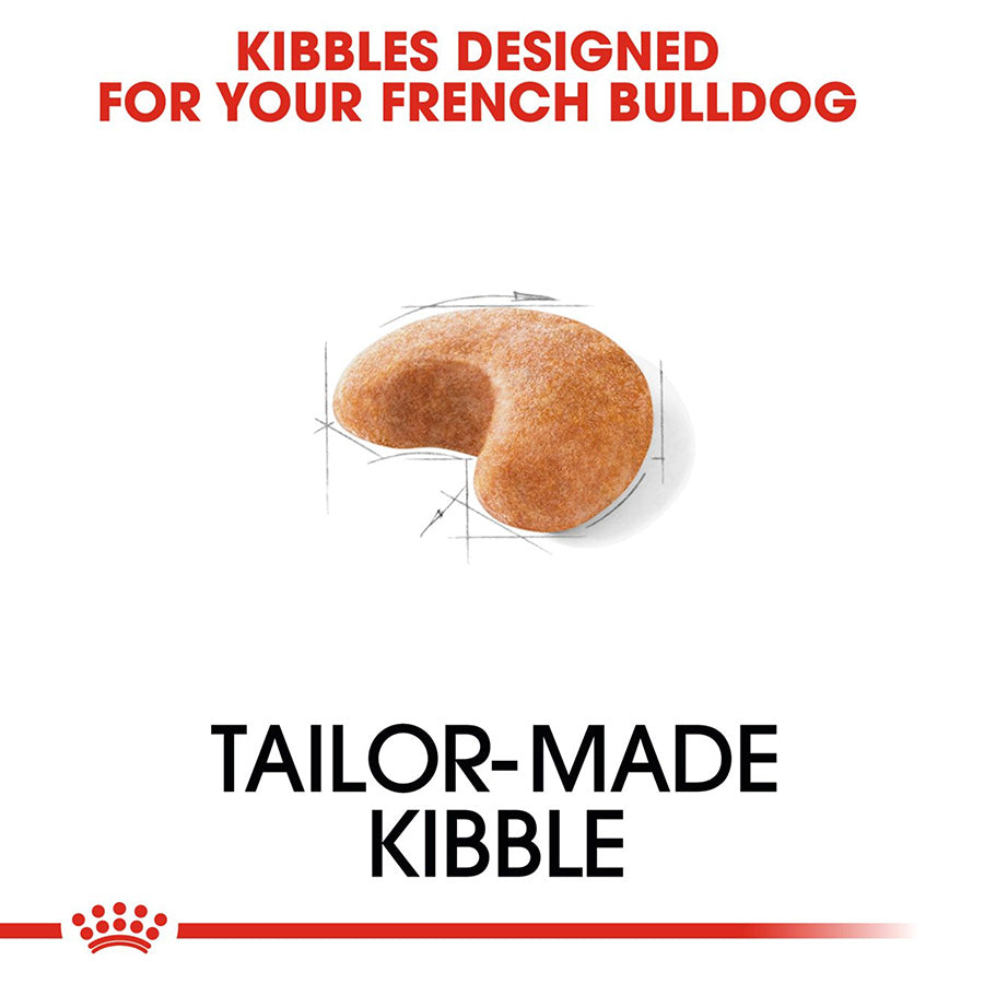 Tailor-made kibble for French Bulldogs with a red and white background