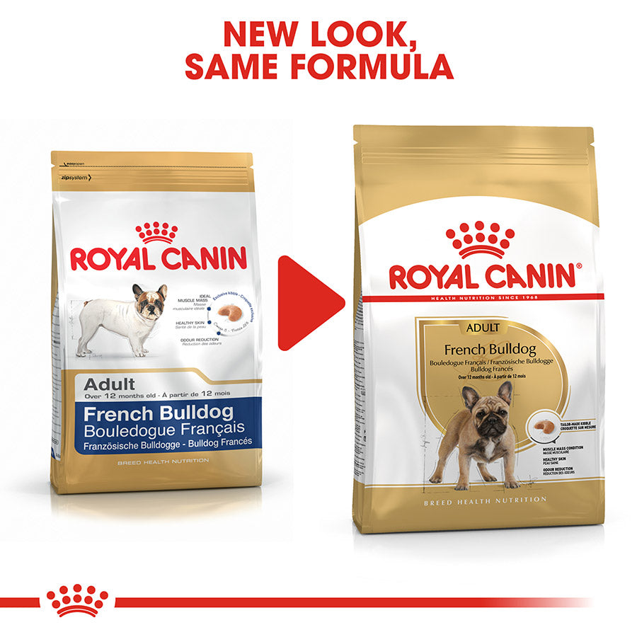 Two packages of Royal Canin French Bulldog dog food with a red arrow between them.