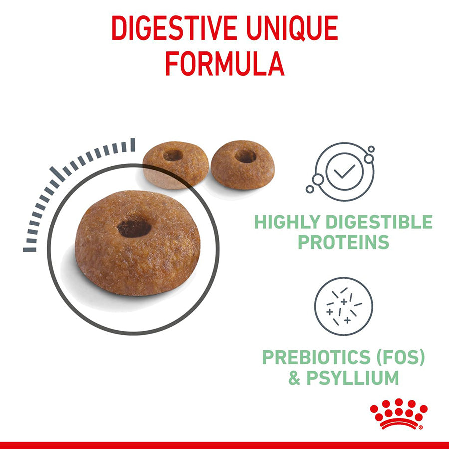 Dog treats with digestive unique formula text and ingredients on a white background