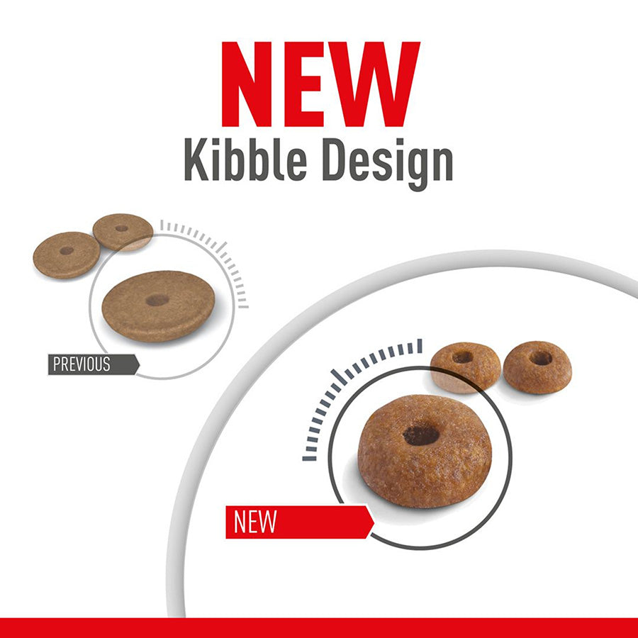 Comparison of old and new kibble design with text 'NEW Kibble Design' on a white background.