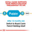 Royal Canin pet food label for French Bulldogs with stages of growth and switching advice.