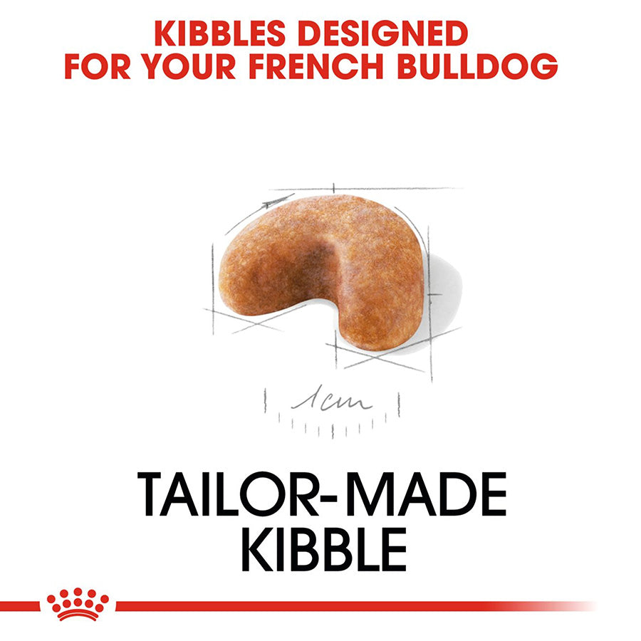 Tailor-made kibble for French Bulldogs with a measurement graphic on a white background.