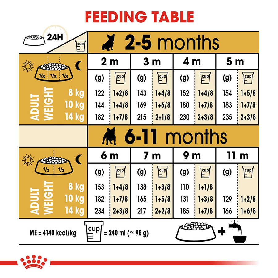 Feeding chart for puppies from 2 to 11 months with measurements and adult weight guidelines.