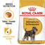 Royal Canin Adult Miniature Schnauzer dog food packaging with text and images of a dog and kibble.