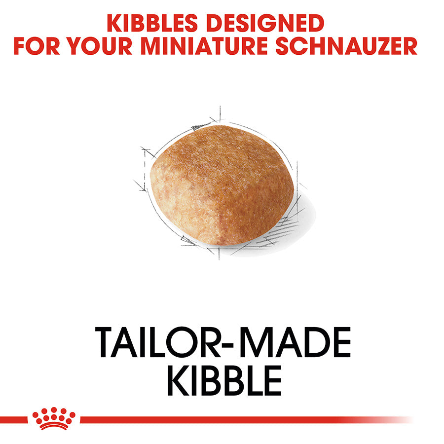Dog kibble with text 'Kibbles Designed for Your Miniature Schnauzer' and 'Tailor-Made Kibble' on a white background.