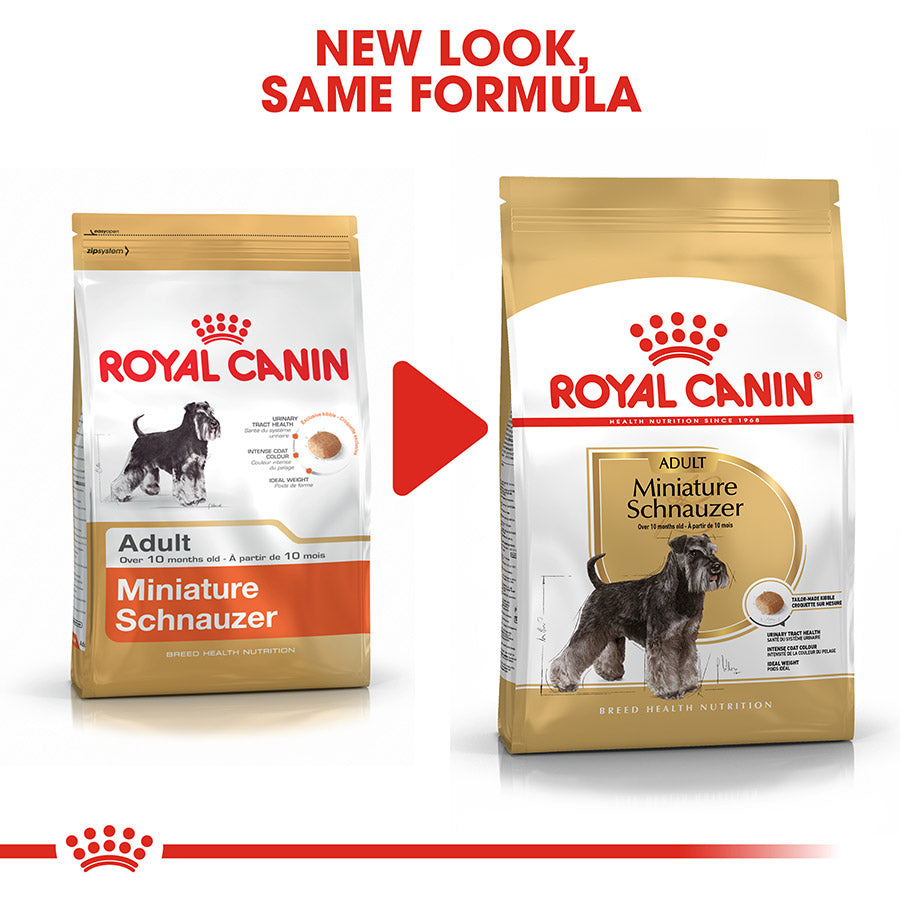Two packages of Royal Canin Miniature Schnauzer dog food with a red arrow and text indicating 'New Look, Same Formula'.