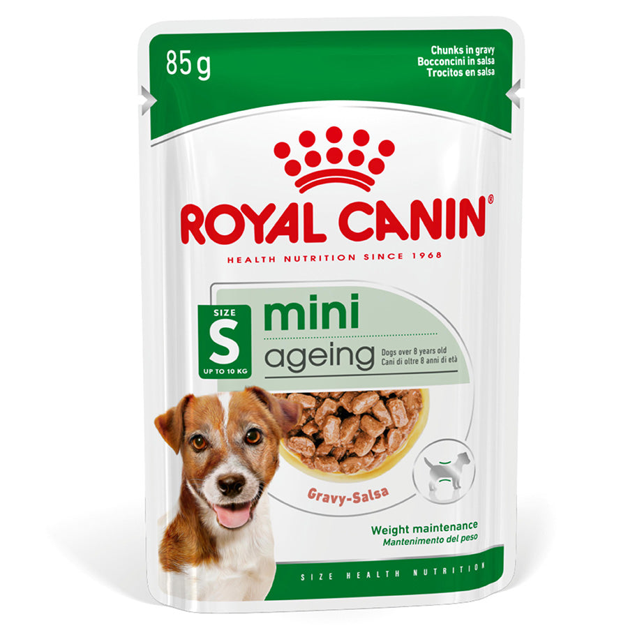 Royal Canin mini ageing dog food package on a white background