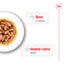 Bowl of pet food with text indicating 'Blend of nutrients' and 'Adapted calorie content' on a white background.