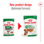 Two packages of Royal Canin Mini Ageing dog food with a red arrow and text indicating new product design and optimized formula.