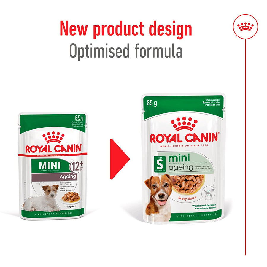 Two packages of Royal Canin Mini Ageing dog food with a red arrow and text indicating new product design and optimized formula.