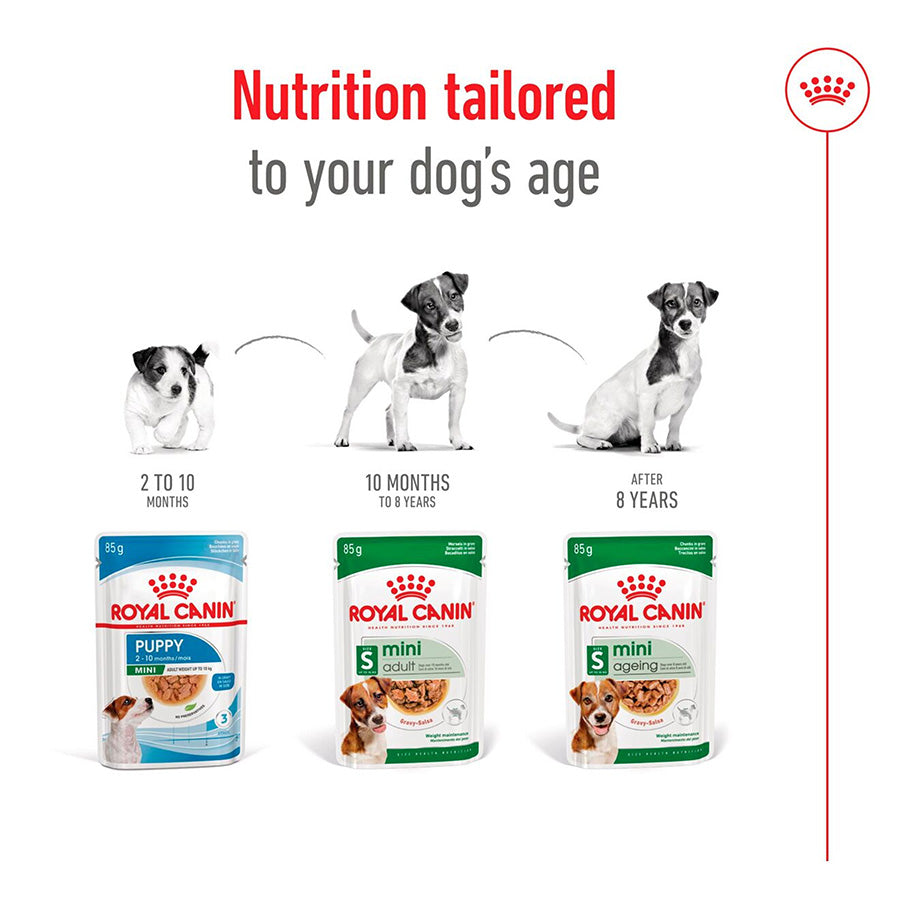Royal Canin dog food packages for different life stages with text 'Nutrition tailored to your dog's age'.