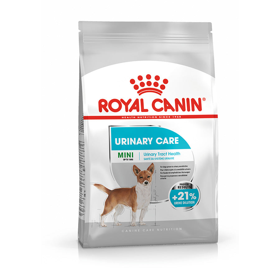 Royal Canin Urinary Care Mini dog food package on a white background