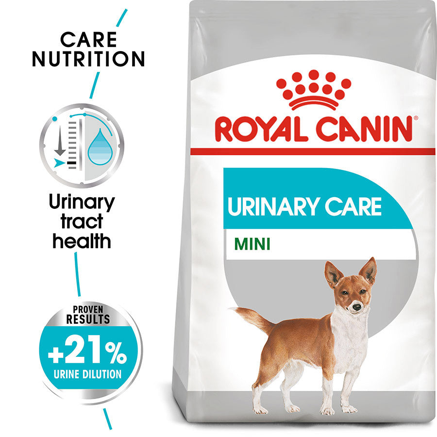 Royal Canin Urinary Care Mini dog food packaging with a dog illustration on a white background