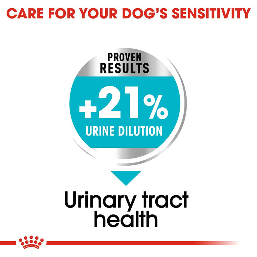 Advertisement for a pet product with text about urinary tract health and urine dilution.