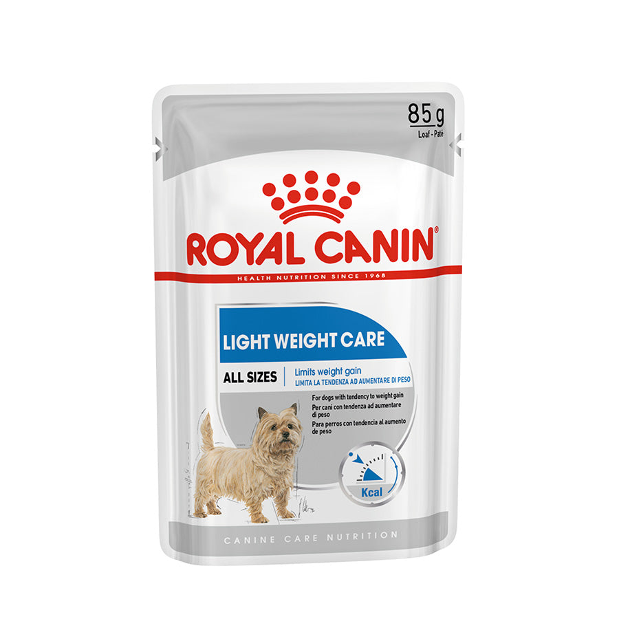Royal Canin Light Weight Care dog food pouch on a white background