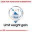 Dog food label with kcal indicator and text 'Care for your dog's sensitivity, limit weight gain' on a white background.