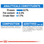 Nutritional label with protein, fat content, and crude fiber percentages on a white background.