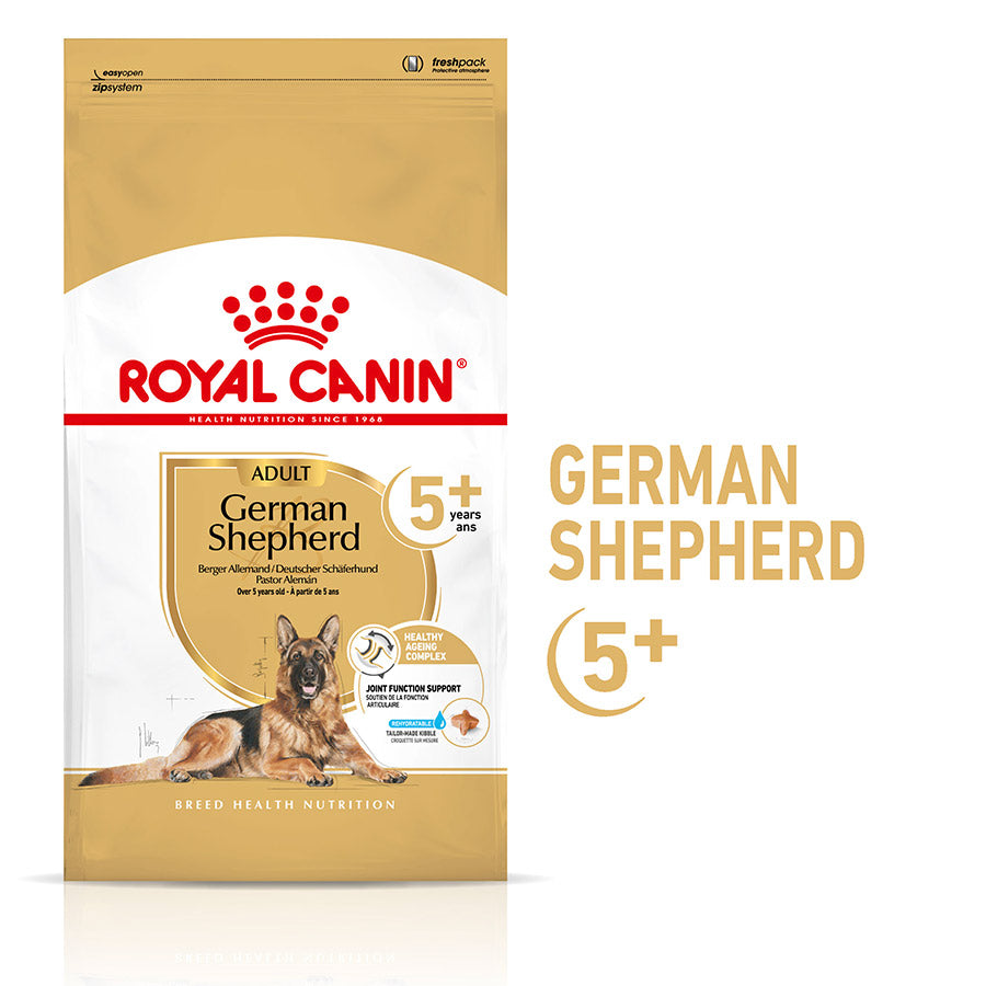 Royal Canin German Shepherd 5+ dog food package on a white background