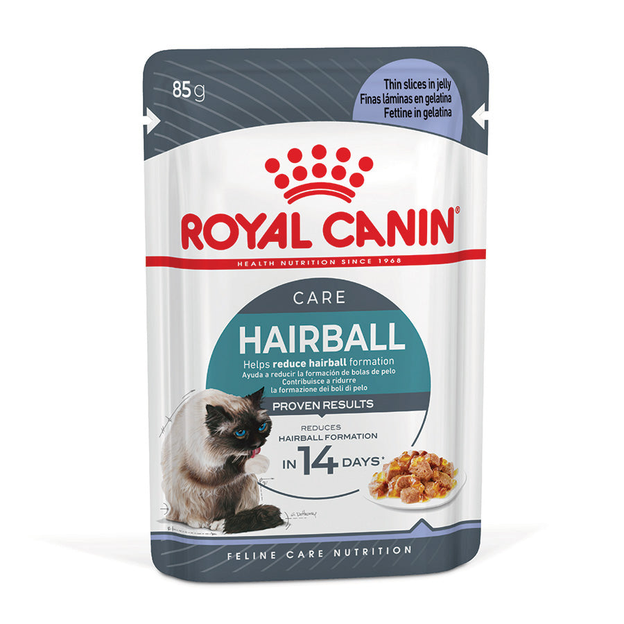 Royal Canin Hairball care cat food pouch on a white background