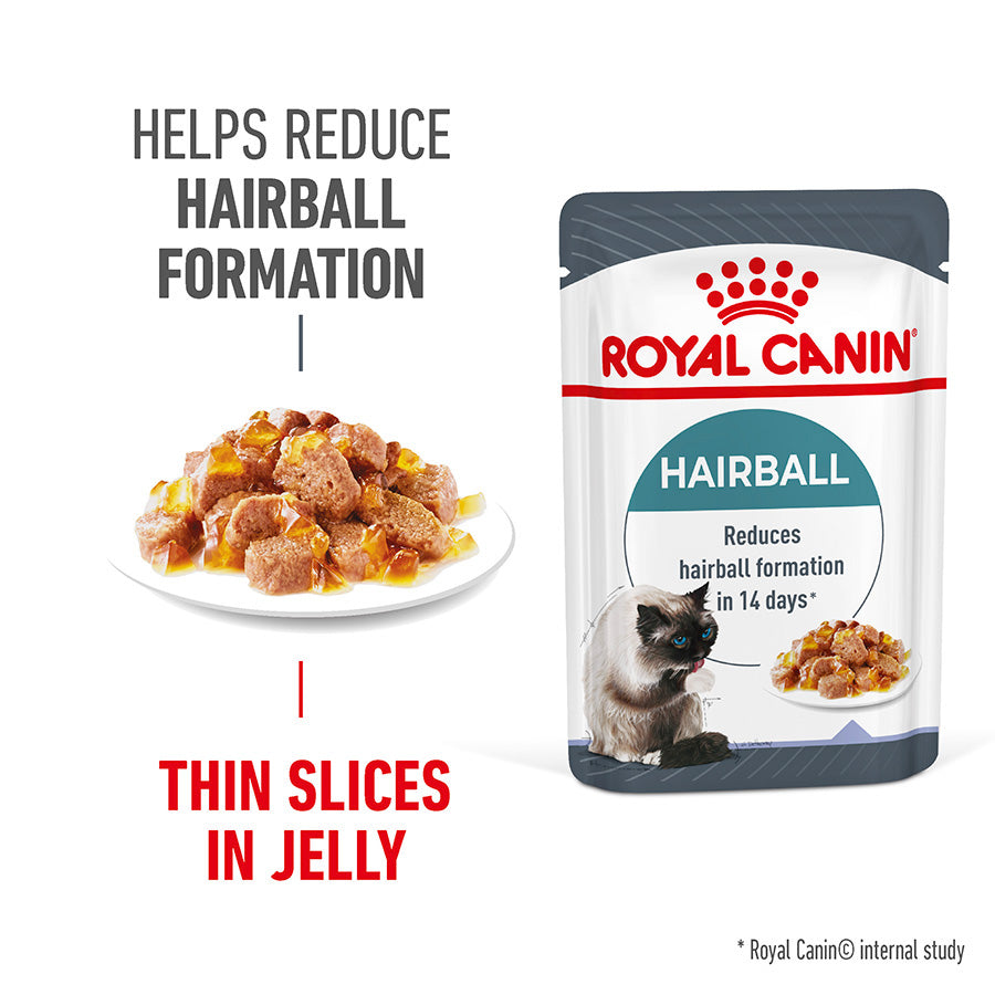 Royal Canin hairball reduction cat food pouch with text highlighting benefits on a white background