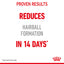 Advertisement for a pet product with text about proven results in reducing hairball formation.