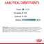 Nutritional analysis chart with protein, fat content, crude ash, and moisture percentages on a white background.