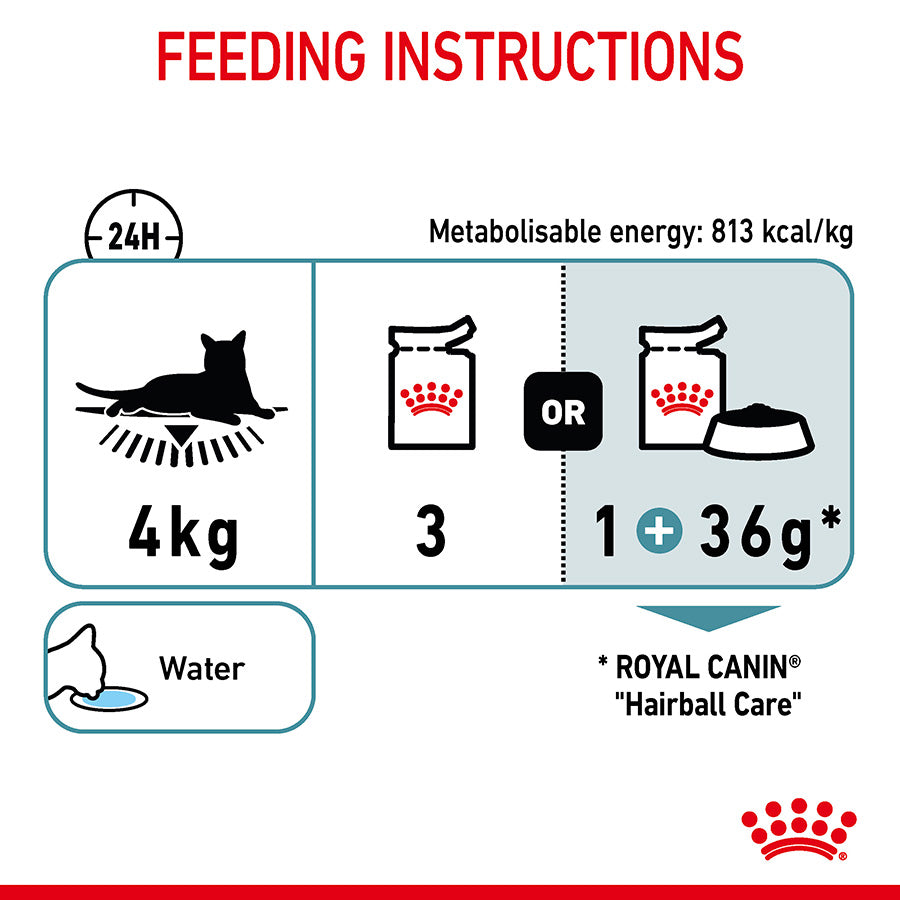 Feeding instructions for Royal Canin Hairball Care cat food with energy information.
