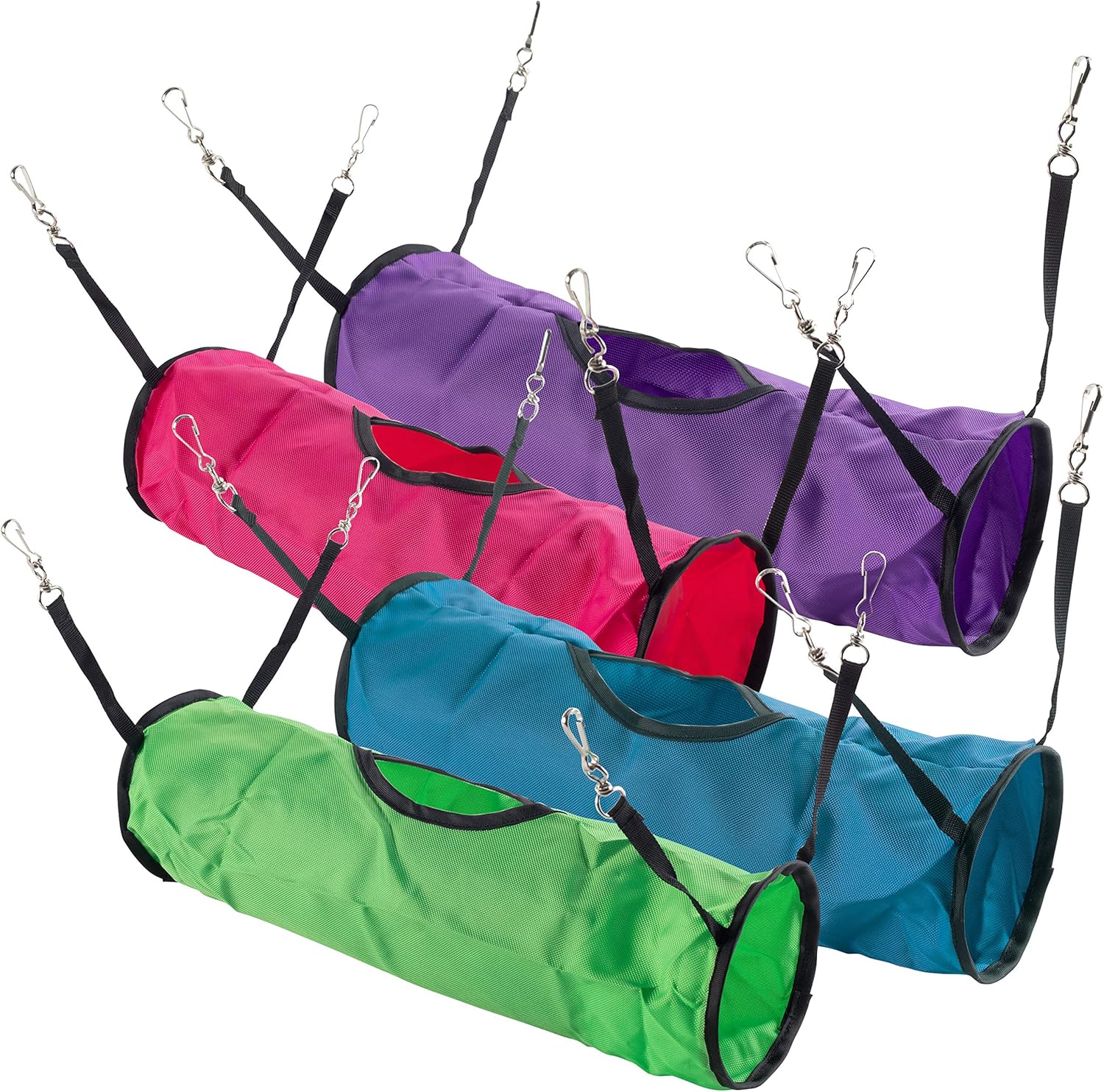 Colorful hanging pet tunnels on a white background